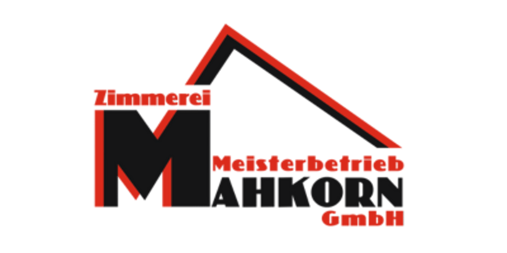 Logo mit rotem Dach über schwarzem "M" und rotem Text "Zimmerei Meisterbetrieb MAHKORN GmbH".