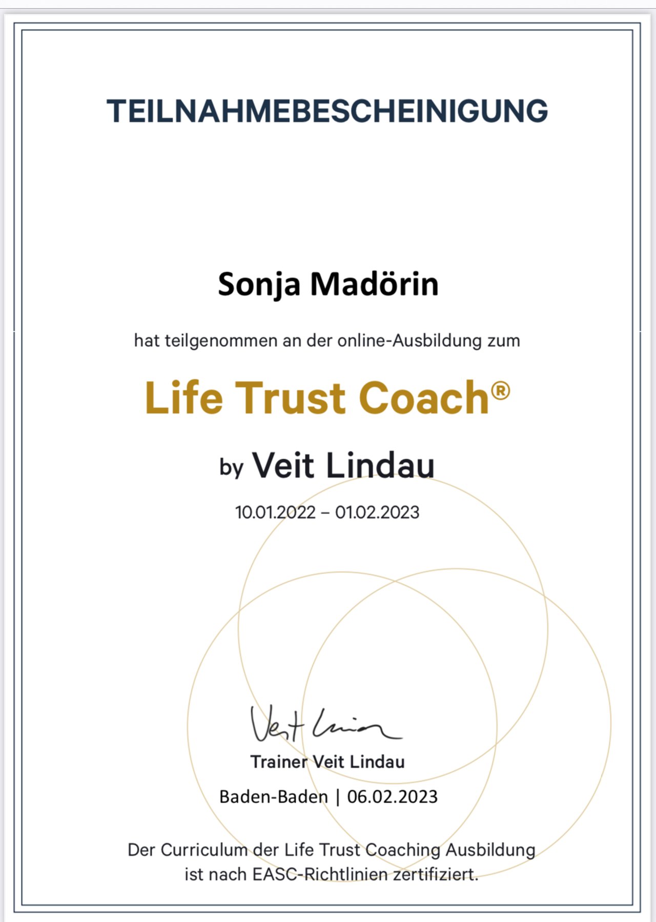Zertifikat Life Trust Coach