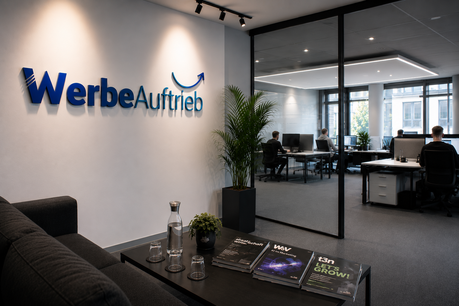Das WerbeAuftrieb-Team am Arbeitsplatz im Büro Freiberg
