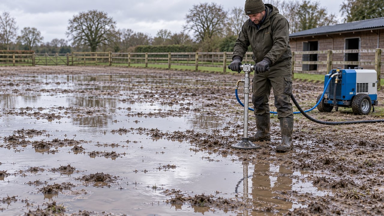 Bodenbelüftung mit Bodenlanze und Kompressor auf einer verdichteten Fläche, auf der nach Regen Wasser steht