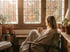 Frau mit Tee und Decke in der Herbstsonne am Fenster