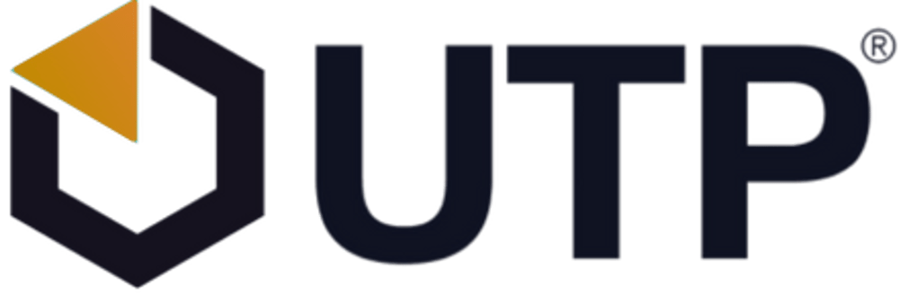UTP Logo mit weißer, sechseckiger Form und einem orangefarbenen Dreieck, daneben der weiße Text "UTP".