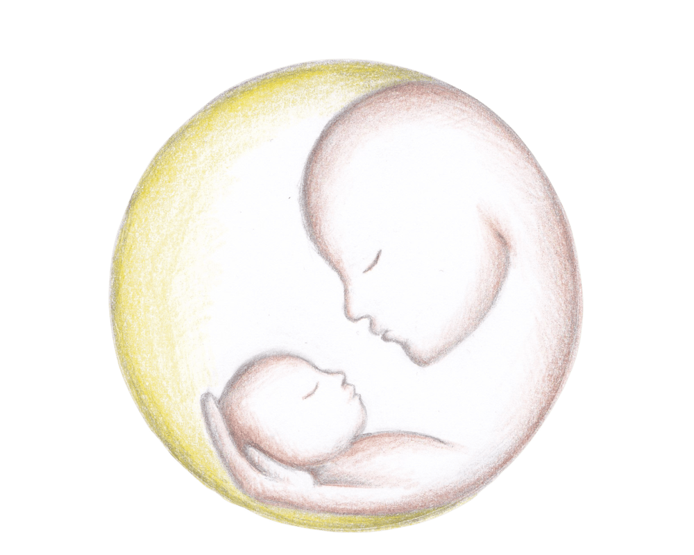 Mutter und Baby in einem Mondkreis, zarte Umarmung und Blickkontakt.