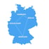 Blaue Umrisskarte von Deutschland mit Umzugssymbolen wie LKW, Kartons, Möbeln und Geräten.