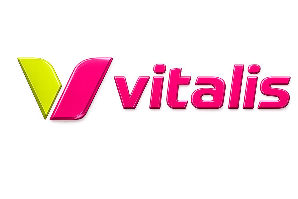 Vitalis Logo mit einem stilisierten gelb-pinken V und pinkem Schriftzug auf schwarzem Hintergrund.