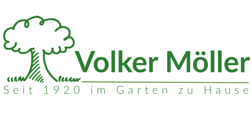 Logo mit grünem Baum und Text "Volker Möller Seit 1920 im Garten zu Hause" auf schwarzem Hintergrund.