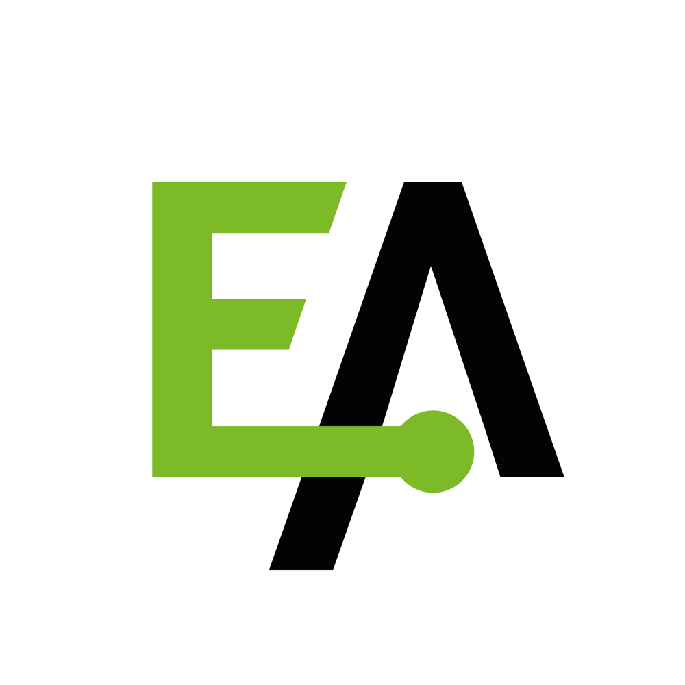 Grüner Buchstabe E und schwarzer Buchstabe A mit horizontaler Linie, die sie verbindet, auf weißem Kreis.