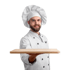 Bärtiger Koch in Uniform und Kochmütze präsentiert ein leeres Holzschneidebrett.