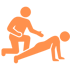 Orangefarbenes Piktogramm eines Trainers, der eine Person bei Liegestützen auf schwarzem Hintergrund anleitet.