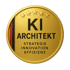 Goldene Medaille mit fünf Sternen und dem Text "KI ARCHITEKT STRATEGIE INNOVATION EFFIZIENZ", links eine Deutschlandflagge.