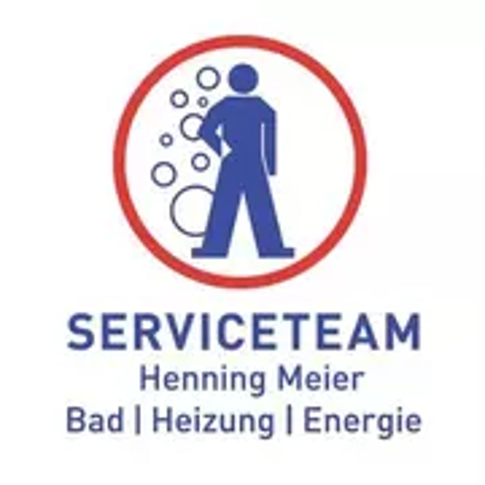 Logo von Serviceteam Henning Meier für Bad, Heizung und Energie mit einer blauen Figur und Blasen in einem roten Kreis.