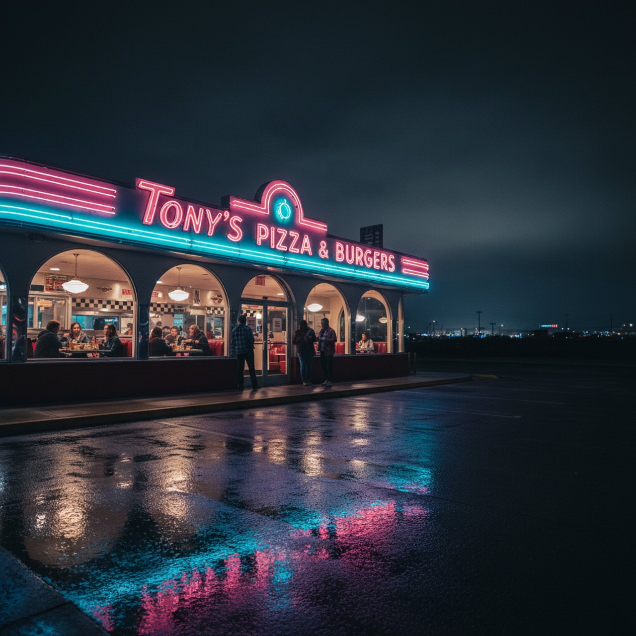 Pizza und Burger unter Neonlicht