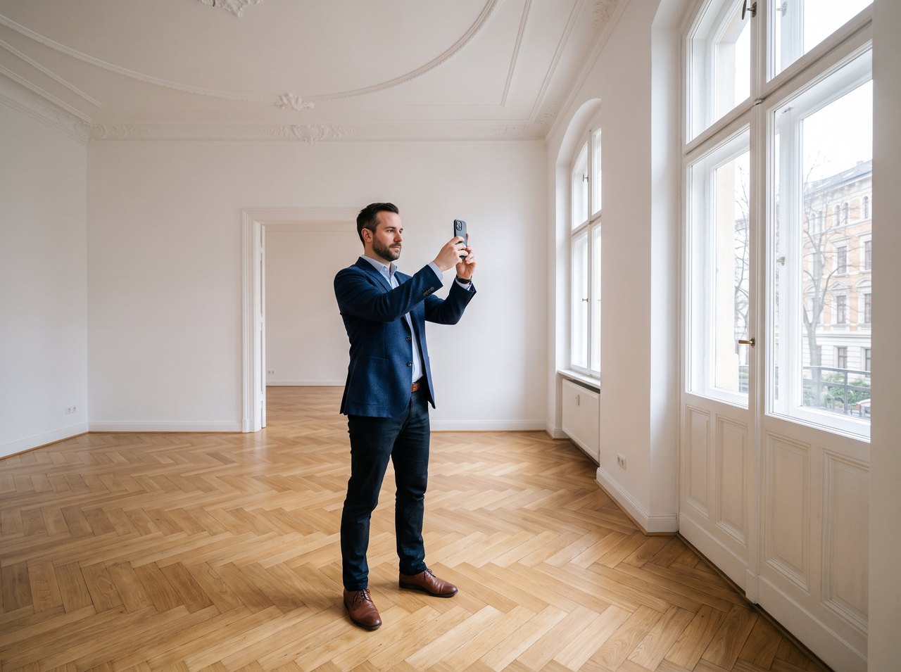 Immobilienmakler fotografiert eine leere, besenreine Altbauwohnung mit Fischgrätparkett