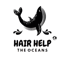 Schwarze Wal-Silhouette springt aus dem Wasser, darunter „HAIR HELP THE OCEANS“ Schriftzug.