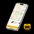 Ein Smartphone zeigt die Taxi.eu App mit Karte, Standort "Zieladresse Jahnplatz", Taxifahrzeug und der Schaltfläche "Taxi bestellen".