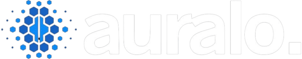 Logo mit blauem sechseckigem Muster und dem weißen Text "auralo." auf grünem Hintergrund.