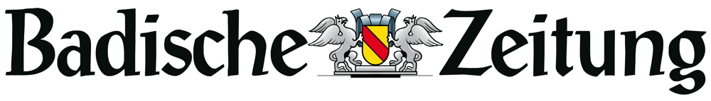 Logo "Badische Zeitung" mit einem Wappen, das von zwei Greifen flankiert wird, in der Mitte.