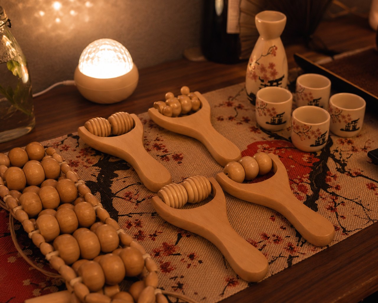 Gepflegte Holzelemente für die Madero Body Massage am vorbereiteten Arbeitsplatz im SWON Studio in Pforzheim