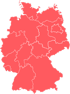 Karte von Deutschland in Rot mit weißen Umrissen der Bundesländer auf grünem Hintergrund.