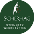 Logo Scherhag Steinmetz Werkstätten mit stilisierter Figur eines Steinmetzes bei der Arbeit auf dunkelgrünem Grund.