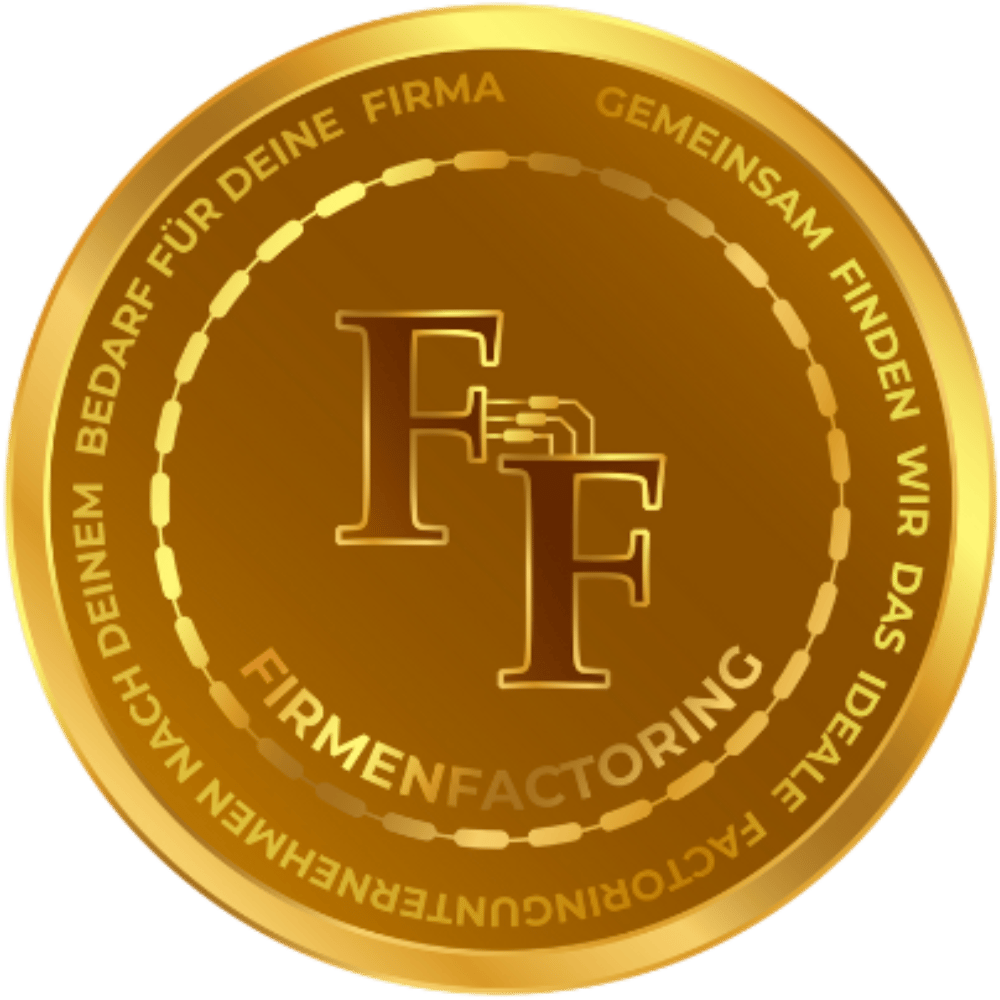 Goldenes Siegel mit "FF" in der Mitte und dem Text "GEMEINSAM FINDEN WIR DAS IDEALE FACTORINGUNTERNEHMEN NACH DEINEM BEDARF FÜR DEINE FIRMA" und "FIRMENFACTORING".