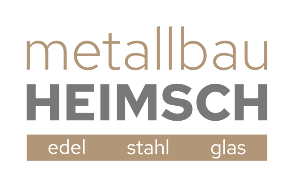 Metallbau Heimsch-Logo mit den Worten "edel stahl glas" auf grünem Hintergrund.