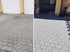 Vorher-Nachher-Vergleich: Schmutziges Pflaster vor Garagentoren links, sauberes, hellgraues Pflaster rechts.