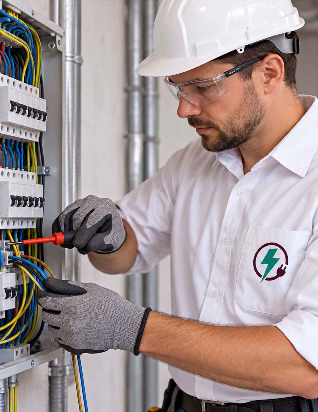 Electrician checking breaker capacity inside a home electrical panel before an EV charger install