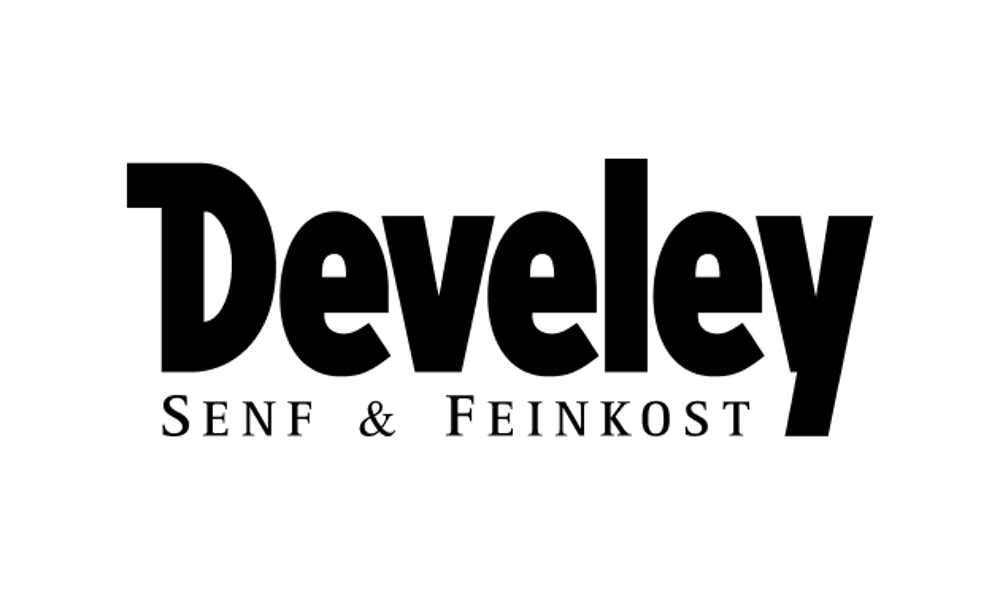 Devely Senf & Feinkost Logo auf grünem Hintergrund.