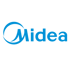 Blaues Midea-Logo auf dunkelgrünem Hintergrund.