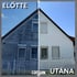 Before and after comparison of a house exterior, left side dirty, right side clean. Text: "ELŐTTE" and "UTÁNA."