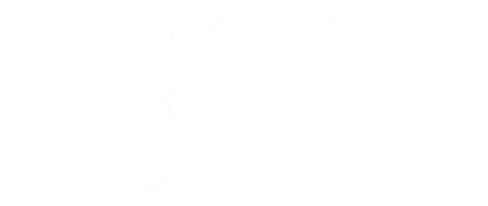 Weiße, stilisierte Buchstaben "BM" auf schwarzem Hintergrund.