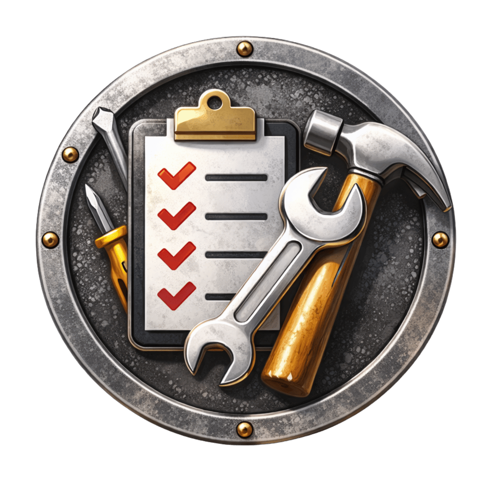 Rundes Metallabzeichen mit Klemmbrett, roter Checkliste, Schraubendreher, Schraubenschlüssel und Hammer.
