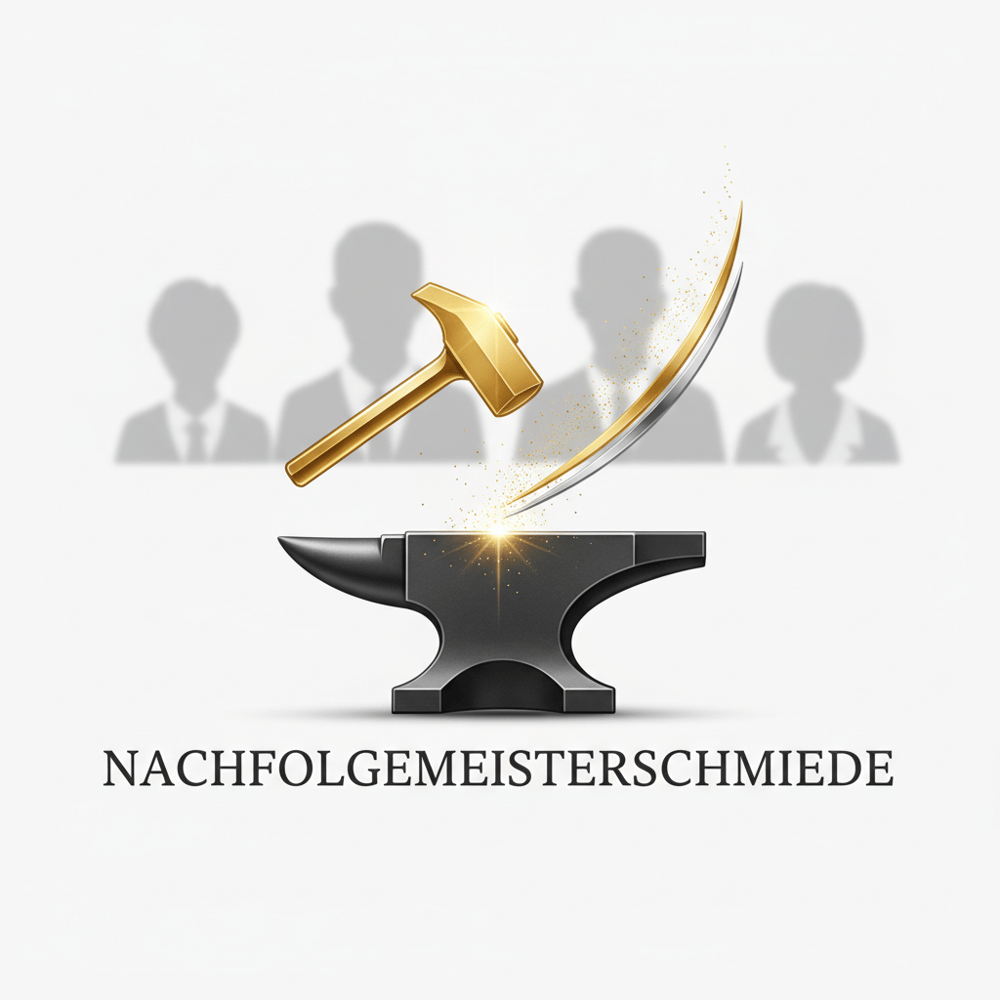 Goldener Hammer trifft auf schwarzen Amboss mit Funken, dahinter verschwommene Silhouetten von vier Personen.