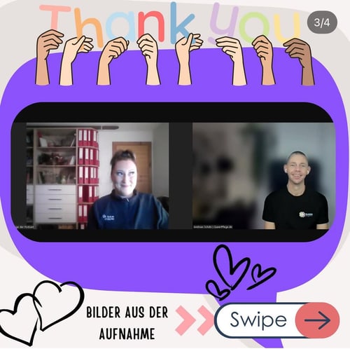 Two people in a video call, with hands forming "Thank you" in sign language above.