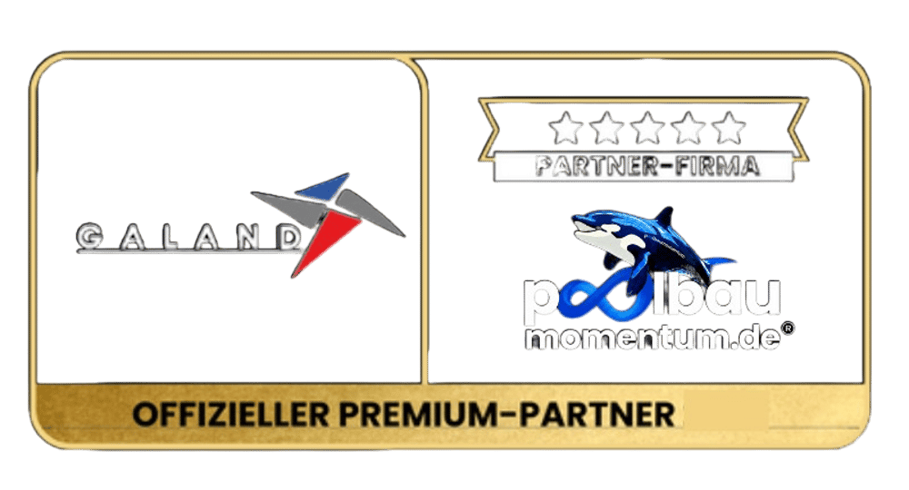 Offizieller Premium-Partner 2024: Paland und Poolbau Momentum Logos mit 5-Sterne-Bewertung.