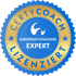 Blaues und goldenes Siegel mit "CERTYCOACH LIZENZIERT" und "EUROPEAN COACHING EXPERT"