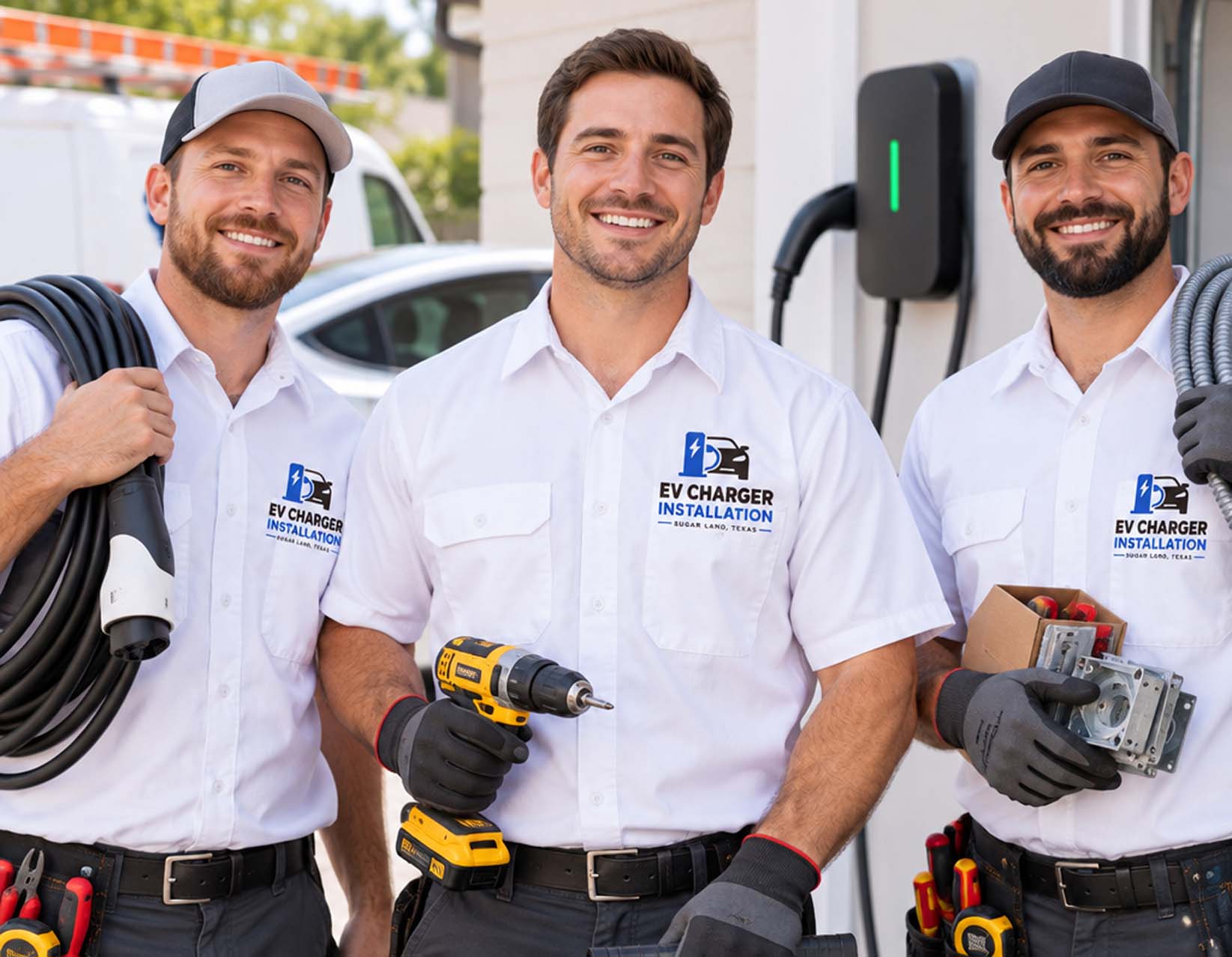Licensed electrician in a hard hat installing wiring for an EV charger circuit