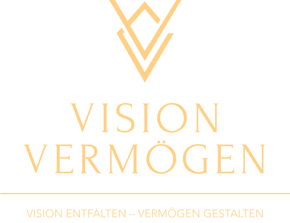 Dunkelgrünes Logo mit goldener geometrischer Form, darüber "VISION VERMÖGEN" und darunter "VISION ENTFALTEN – VERMÖGEN GESTALTEN".