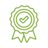 Green outline of a medal or badge with a checkmark in the center, on a dark green background.
