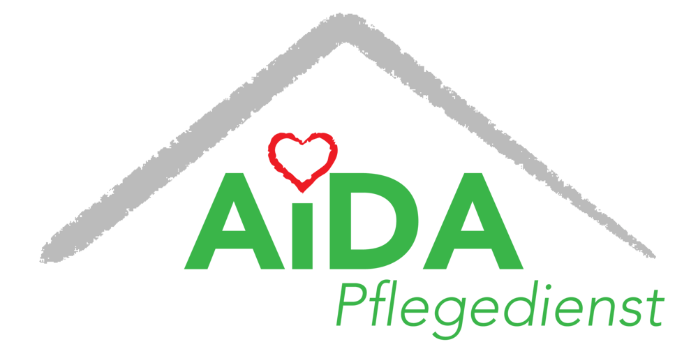 Graues Dach über grünem "AiDA Pflegedienst" mit rotem Herz über dem "i".