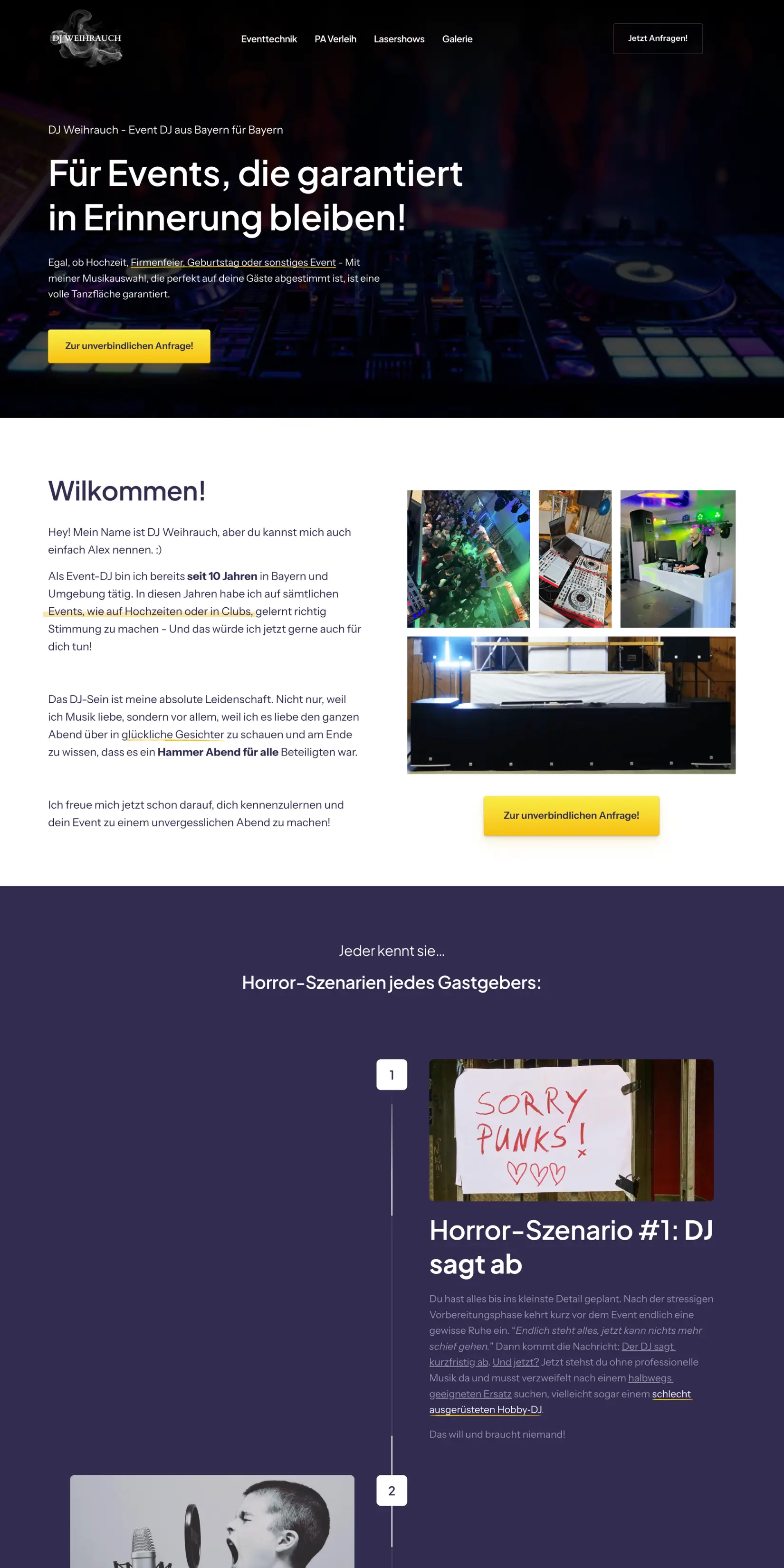 Modernes Event-DJ Website Design mit dunklem Theme und Fokus auf Nutzererlebnis