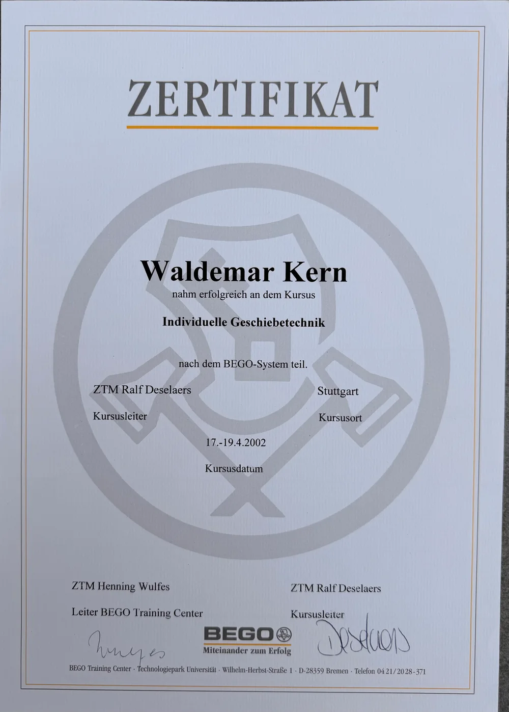 Fortbildungszertifikat 11 von ADU-Dental