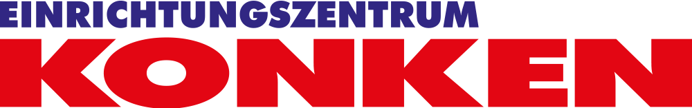 EINRICHTUNGSZENTRUM KONKEN Logo mit blauem Text oben und rotem Text unten auf grünem Hintergrund.