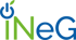 iNeG-Logo mit grünem "iNeG"-Text und einem blauen Einschaltsymbol mit grünem Blatt als Punkt über dem "i".