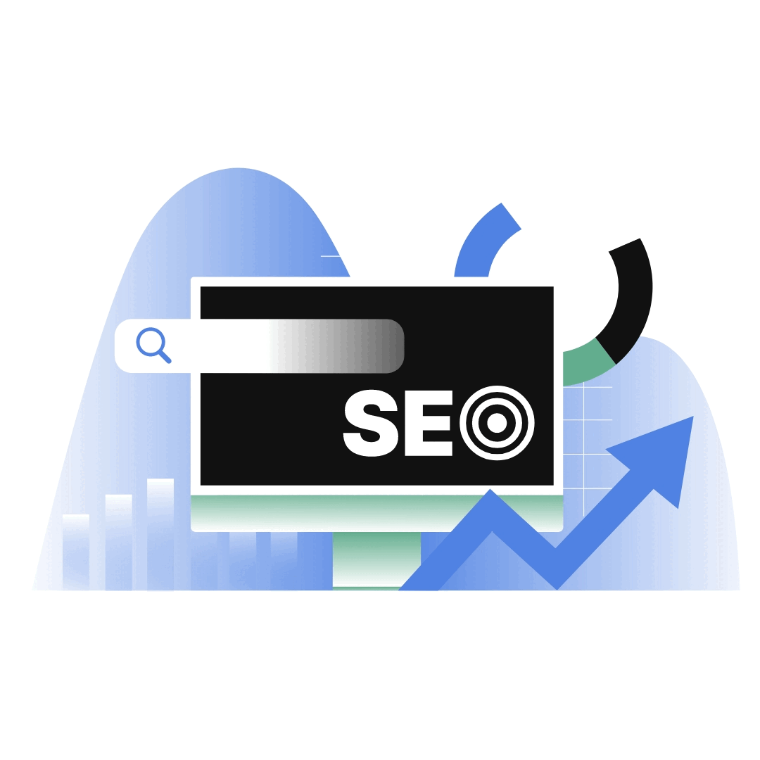 Monitor mit der Schrift SEO, einer Suchleiste, einem Kreisdiagramm und einem steigenden Pfeil, der nach oben zeigt.