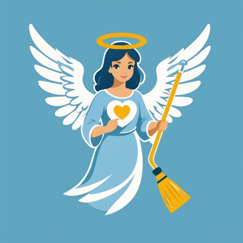 Ein Engel mit blauen Haaren, Heiligenschein und weißen Flügeln hält einen gelben Besen und ein goldenes Herz.