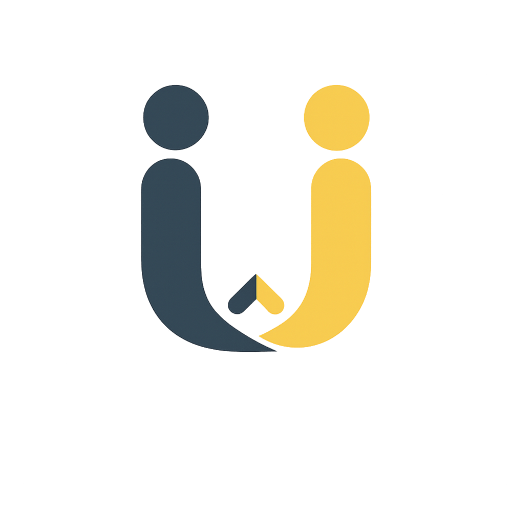 Zwei stilisierte Personen in Blau und Gelb, die sich spiegeln und ein "U" bilden.