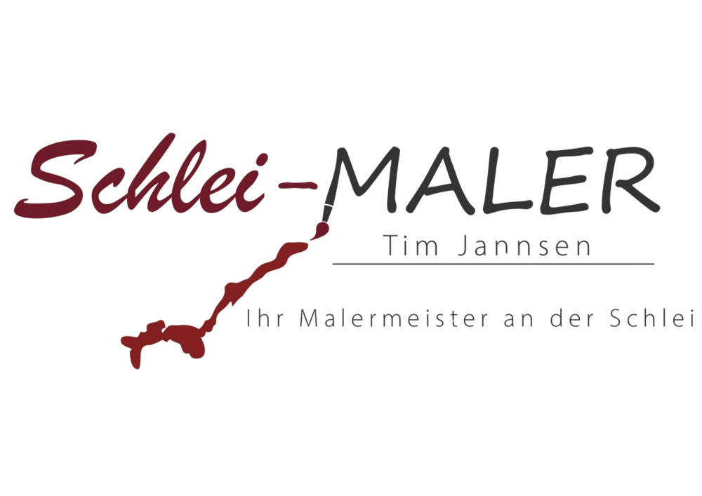 Schlei-MALER Logo: "Schlei-MALER Tim Jannsen Ihr Malermeister an der Schlei" in Rot und Grau auf Grün.