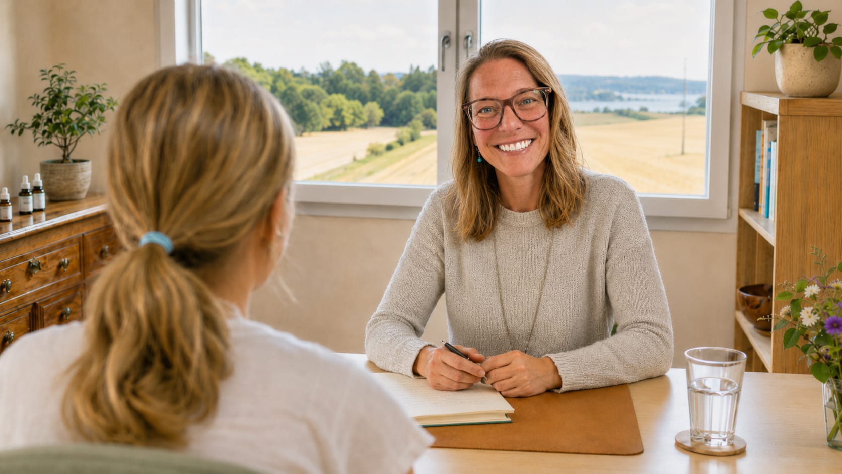 Homöopathin Gabriela Schaufelberger-Cadosch im Beratungsgespräch mit einer Klientin in ihrer Praxis in Siegershausen